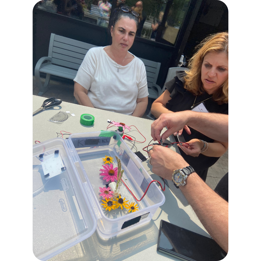 Educators engaged in a STEM activity, assembling an electronic project with flowers in a container.