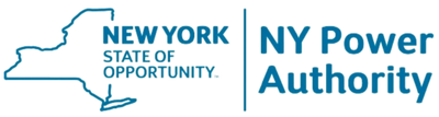 Logo of the New York Power Authority with a blue outline of New York state.