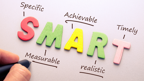 Handwriting annotations around colorful letters spelling “SMART,” outlining Specific, Measurable, Achievable, Realistic, and Timely goals.